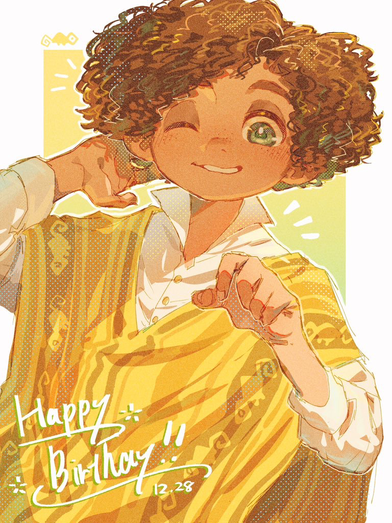 egdk7454, camilo madrigal, encanto, 1boy, afro, animification, arepa, brown eyes, brown hair, colombian clothes, curly hair, dark-skinned male, dark skin, male focus, poncho, shirt, short hair, simple background, smile, solo, yellow poncho