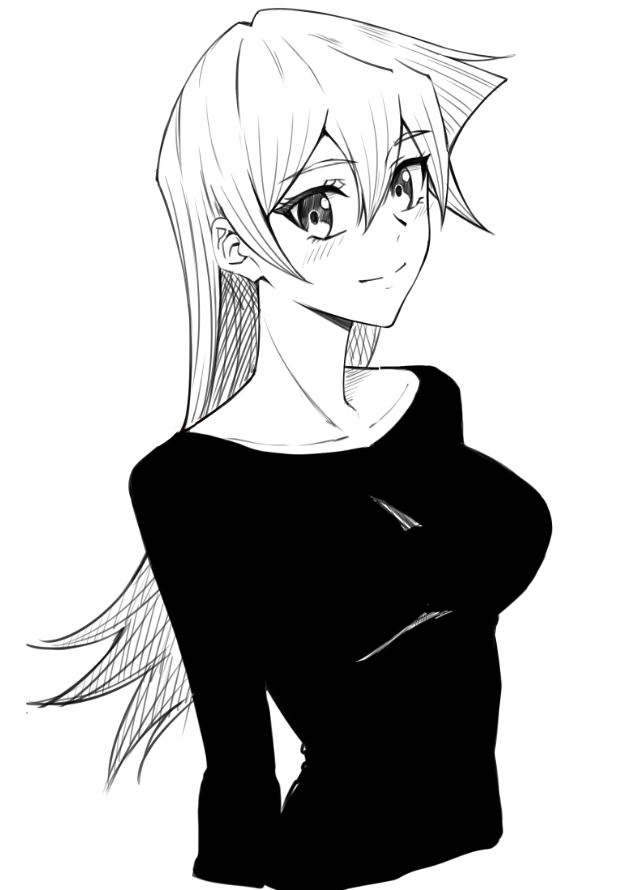 rourou ill, tenjouin asuka, yu-gi-oh!, yu-gi-oh! gx, 1girl, blonde hair, breasts, brown eyes, closed mouth, collarbone, hair between eyes, large breasts, long hair, looking at viewer, shirt, simple background, smile, solo, standing, straight hair, turtleneck, white background