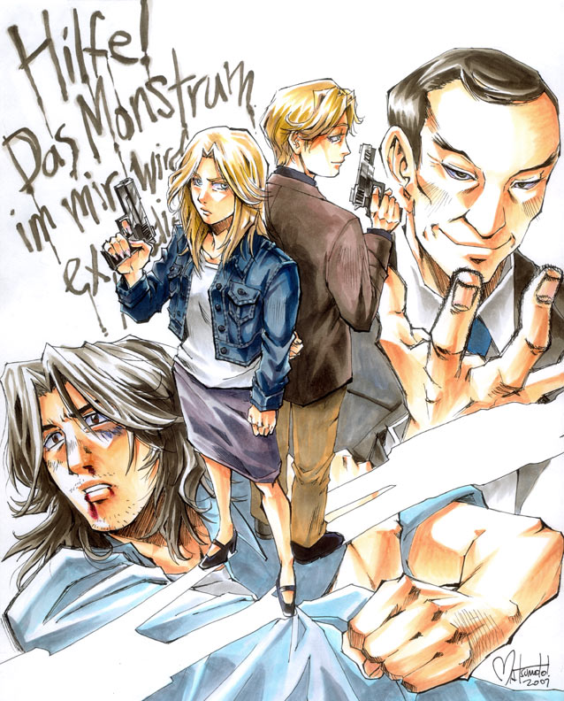 nina matsumoto, anna liebert, heinrich lunge, heinrich runge, johan liebert, tenma kenzou, monster (manga), translated, 1girl, 3boys, black hair, blonde hair, brown eyes, evil smile, german text, gun, multiple boys, smile, weapon