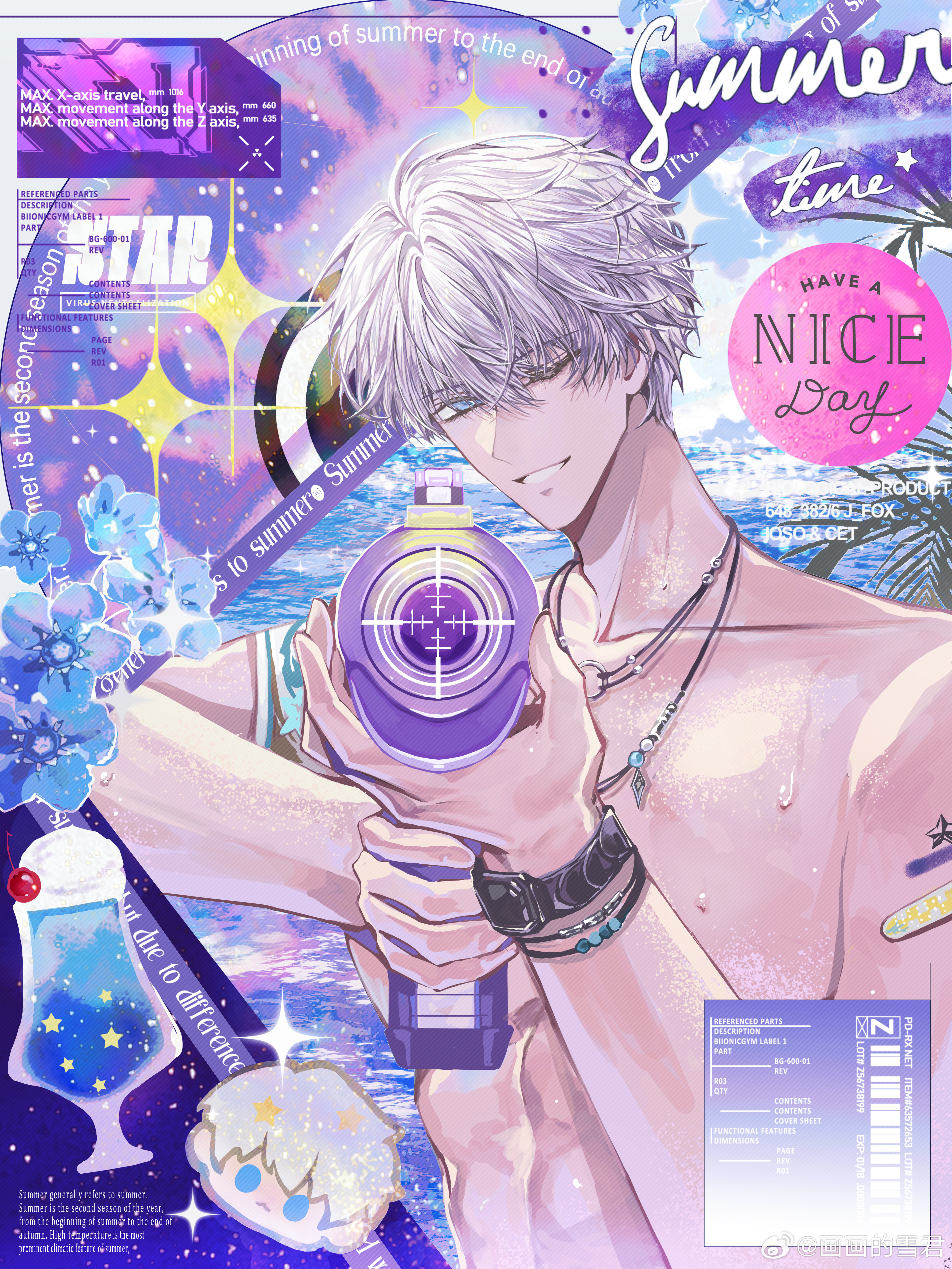 snow234, xavier (love and deepspace), love and deepspace, absurdres, chinese commentary, highres, 1boy, ;d, abs, aiming, aiming at viewer, armband, bandaid, bandaid on arm, barcode, blue border, blue eyes, blue flower, border, bracelet, cd, cherry, chibi, chibi inset, crosshair, cup, drinking glass, english text, flower, food, forget-me-not (flower), fruit, grey hair, hair between eyes, hands up, holding, holding water gun, ice cream, ice cream float, jewelry, looking at viewer, male focus, multiple necklaces, necklace, ocean, one eye closed, open mouth, palm leaf, parted lips, pectorals, pendant, ring, ring necklace, short hair, smile, solo, sparkle, toned, toned male, topless male, upper body, watch, water drop, water gun, watermark, weibo watermark, wristwatch