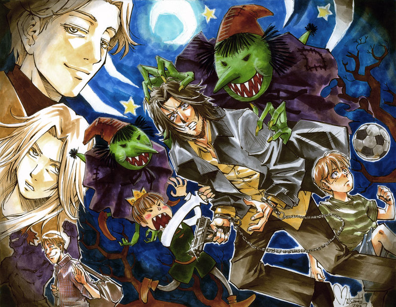 nina matsumoto, anna liebert, dieter (monster), johan liebert, tenma kenzou, the magnificent steiner, the monster without a name, wolfgang grimmer, monster (manga), image sample, 1girl, 6+boys, blonde hair, brown hair, chain, chasing, clenched teeth, coat, crescent, cuffs, facial hair, faux traditional media, gun, handcuffs, handgun, looking at viewer, looking back, male focus, multiple boys, night, outdoors, overcoat, pistol, running, scared, sharp teeth, shirt, sky, smile, star (sky), teeth, tree, waving, weapon
