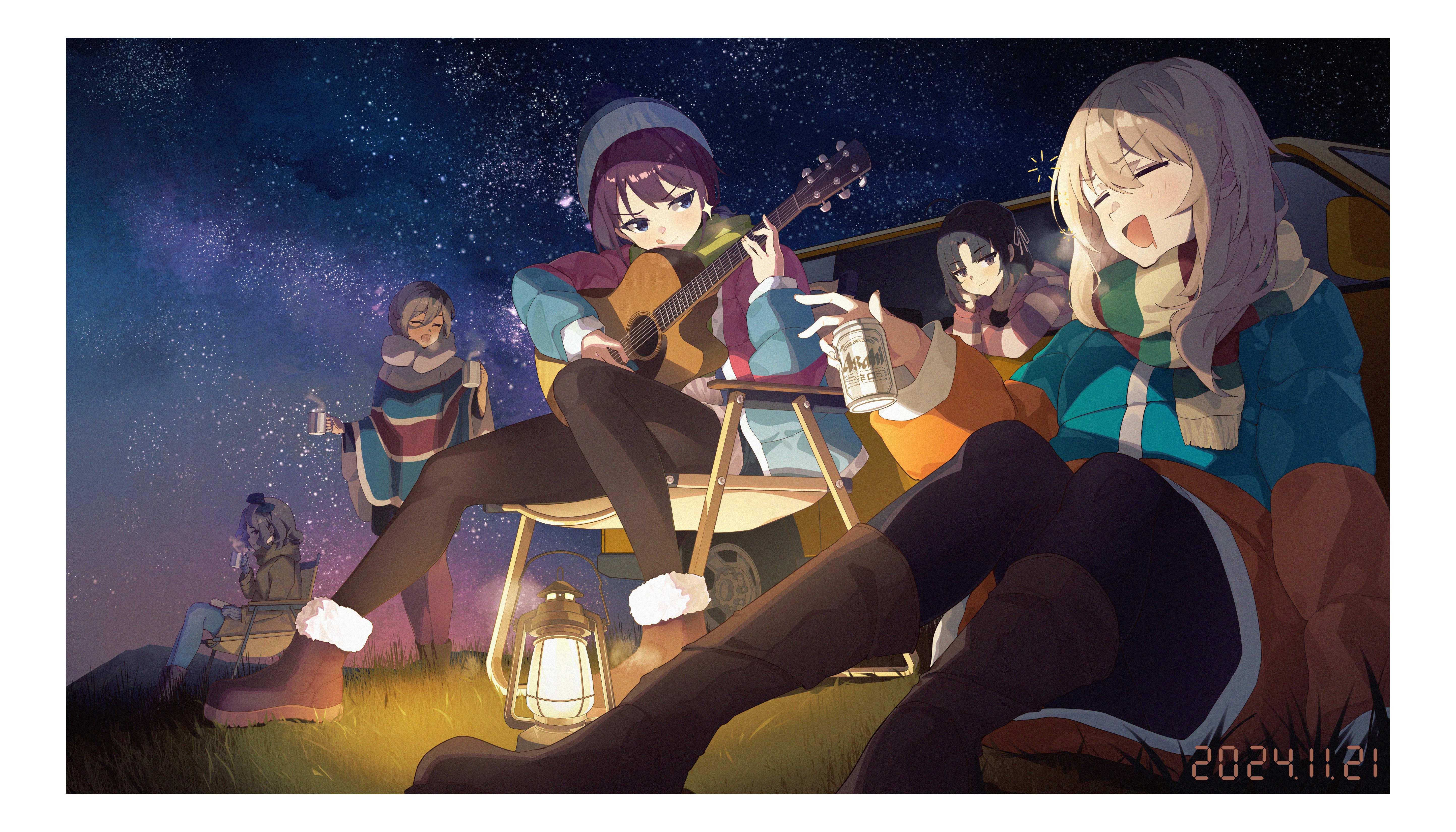 feibai, awa subaru, ebizuka tomo, iseri nina, kawaragi momoka, rupa (girls band cry), girls band cry, yurucamp, absurdres, highres, beer can, black pantyhose, border, can, cosplay, drink can, instrument, multiple girls, music, night, night sky, pantyhose, playing guitar, playing instrument, sky, white border
