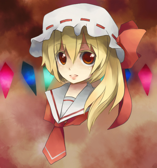 sato (pixiv56521), sato (sa10cho), flandre scarlet, touhou, 1girl, blush, crystal, female focus, hat, light smile, lips, looking at viewer, mob cap, red eyes, side ponytail, solo, upper body, white hat, wings
