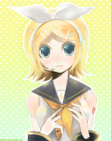 sato (pixiv56521), sato (sa10cho), kagamine rin, vocaloid, lowres, 1girl, arm warmers, blonde hair, blouse, blue eyes, blush, bow, copyright name, female focus, gradient background, hair bow, hair ornament, hairclip, headphones, looking at viewer, microphone, polka dot, polka dot background, ribbon, sailor collar, shirt, short hair, sleeveless, solo, swept bangs, tattoo, upper body, white bow, white shirt, yellow ribbon