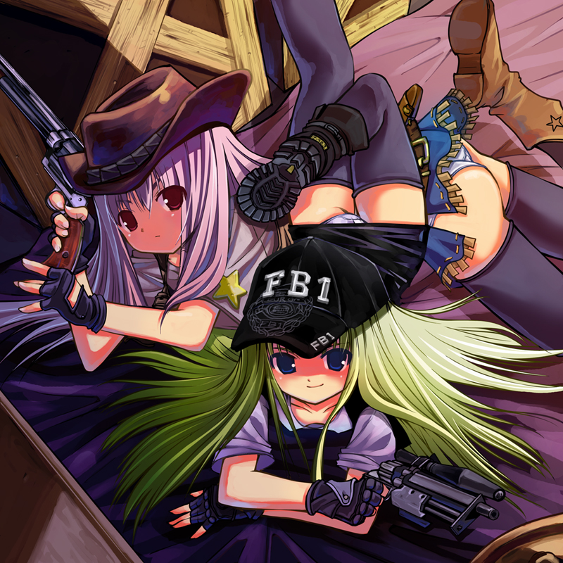 kazuki kiyoto, fbi, original, 2girls, blue eyes, boots, brown eyes, cowboy boots, cowboy hat, fingerless gloves, gloves, green hair, gun, handgun, hat, jacket, loli, long hair, multiple girls, panties, pistol, purple hair, revolver, skirt, thighhighs, underwear, weapon
