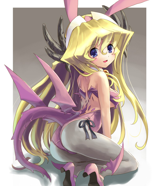 katahira masashi, animal ears, blonde hair, demon girl, horns, long hair, pantyhose, rabbit ears, ribbon, solo, tail, wings