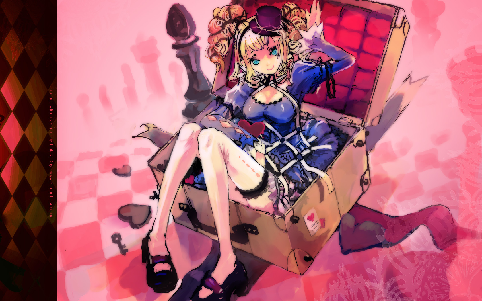 kiryuu tsukasa (citrocube), highres, 1girl, blonde hair, dress, female focus, green eyes, hat, long hair, solo, thighhighs