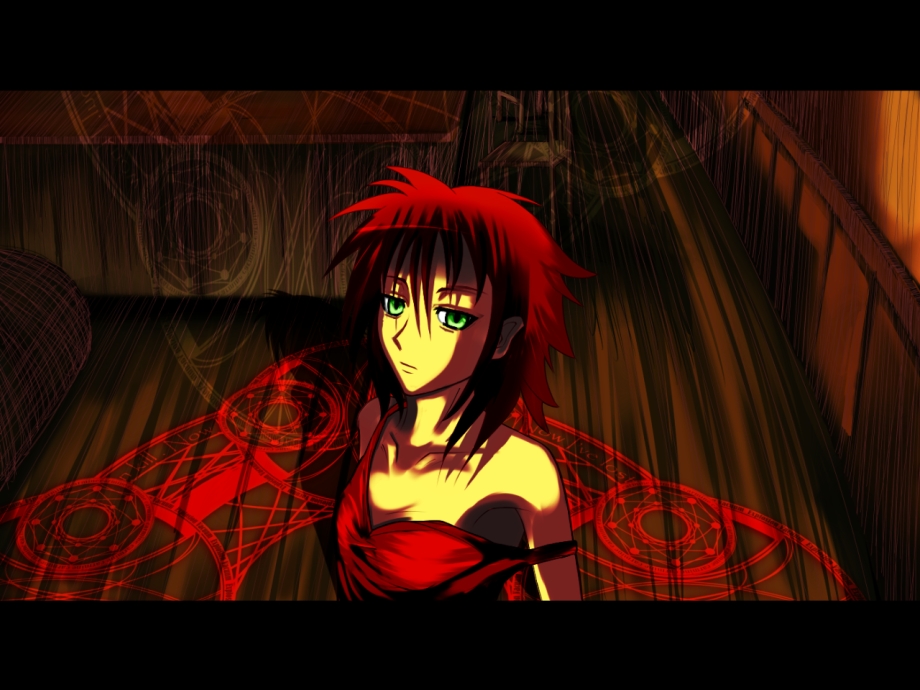 havoc (darker than black), darker than black, 00s, 1girl, female focus, green eyes, letterboxed, red hair, short hair, solo