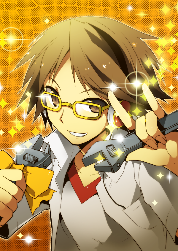 kamiyoshi rika, hanamura yousuke, atlus, macross, macross frontier, persona, persona 4, bad id, bad pixiv id, 1boy, brown eyes, brown hair, child, glasses, m/, male focus, parody, portrait, seikan hikou, short hair, smile, solo, wrench
