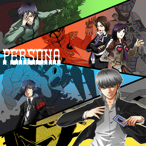 kokusuga, amano maya, apollo (persona 2), artemis (persona 2), izanagi (persona 4), narukami yu, suou tatsuya, thanatos (persona), toudou naoya, yuuki makoto (persona 3), atlus, persona, persona 1, persona 2, persona 2 batsu, persona 2 tsumi, persona 3, persona 4, lowres, 1girl, 4boys, armband, black hair, blue eyes, blue hair, brown hair, card, crossover, grey eyes, grey hair, hair over one eye, holding, holding card, multiple boys, school uniform, serafuku, smile