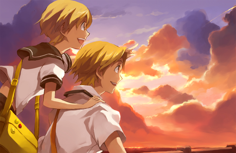 haruno (haruc77), hanamura yousuke, satonaka chie, atlus, persona, persona 4, source request, 1boy, 1girl, badge, bag, brown eyes, brown hair, button badge, cloud, couple, hetero, pointing, school bag, school uniform, serafuku, short hair, sky, smile, sunset