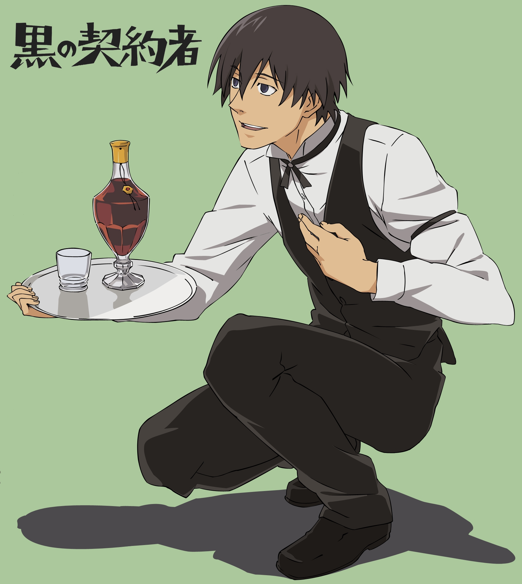 hei (darker than black), darker than black, highres, 00s, 1boy, black hair, full body, male focus, short hair, simple background, solo, squatting, teeth, tray, waiter