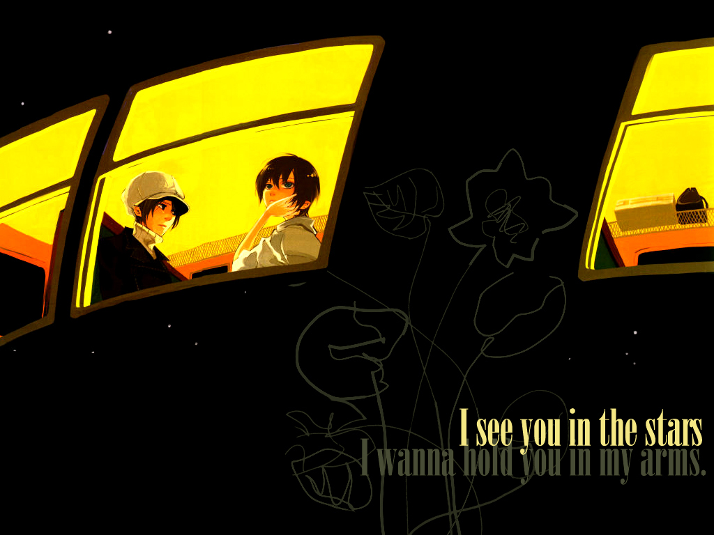 rokujo miharu, yoite, nabari no ou, 00s, 2boys, black hair, blue eyes, english text, hat, multiple boys, night, night sky, short hair, sky, window