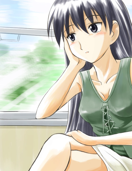 mutsuki raimu, sakaki (azumanga daioh), azumanga daiou, black eyes, black hair, blouse, breasts, cleavage, green shirt, head rest, lime agezoko, long hair, shirt, sitting, solo