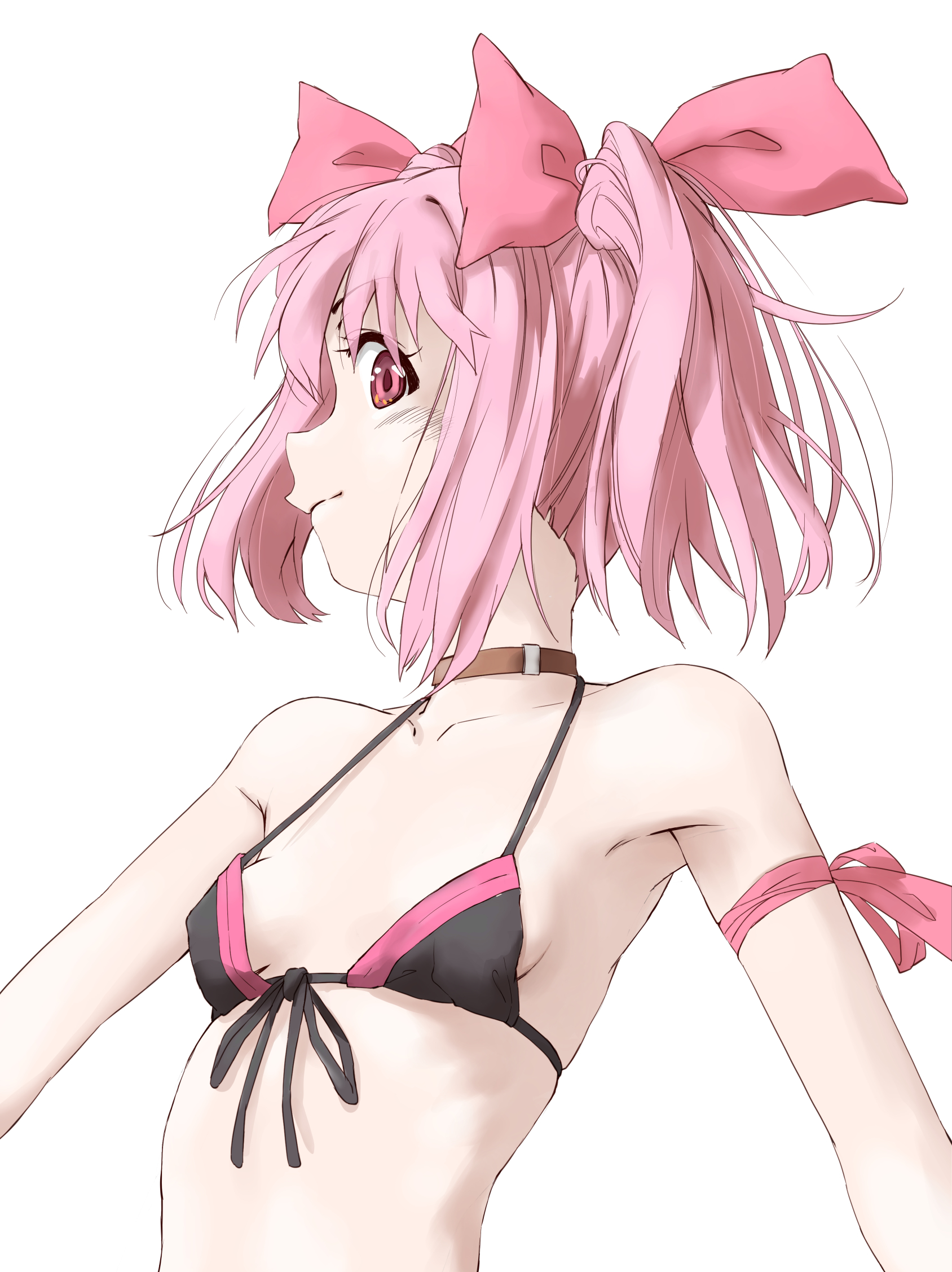 marutaya, kaname madoka, mahou shoujo madoka magica, mahou shoujo madoka magica (anime), highres, 1girl, alternate costume, arm ribbon, bikini, bow, breasts, brown choker, choker, closed mouth, from side, front-tie bikini top, front-tie top, hair bow, hand up, jacket, looking at viewer, medium hair, micro bikini, pink eyes, pink hair, pink ribbon, profile, red bow, ribbon, simple background, small breasts, solo, string bikini, swimsuit, upper body, white background, white jacket