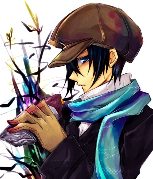 yoite, nabari no ou, 00s, 1boy, black hair, blue eyes, eating, food, gloves, hat, male focus, scarf, short hair, solo, sweet potato