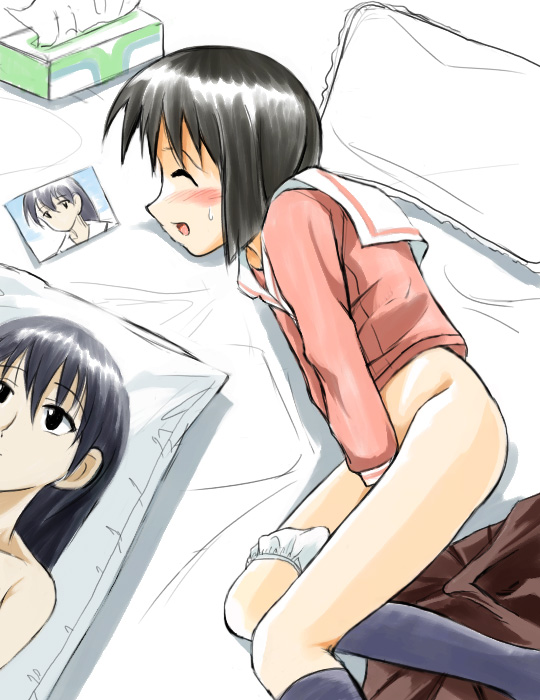 mutsuki raimu, kaori (azumanga daioh), sakaki (azumanga daioh), azumanga daiou, 1girl, bed, black hair, black socks, blush, bob cut, bottomless, dakimakura (object), female focus, female masturbation, female pervert, fingering, kneehighs, lime agezoko, masturbation, panties, panties around leg, panty pull, pervert, photo (object), pillow, school uniform, serafuku, socks, solo, underwear, white panties, yuri