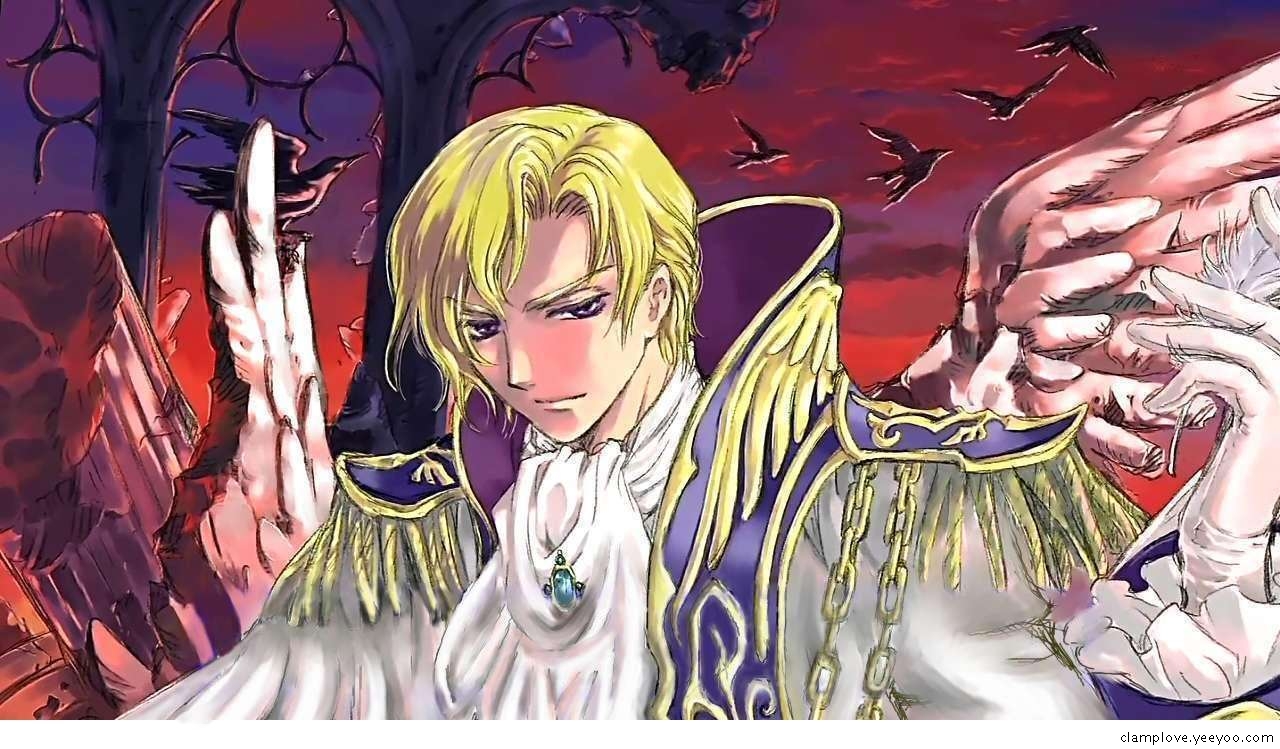 clamp, schneizel el britannia, code geass, 00s, 1boy, feathers, male focus, ruins, solo, wings