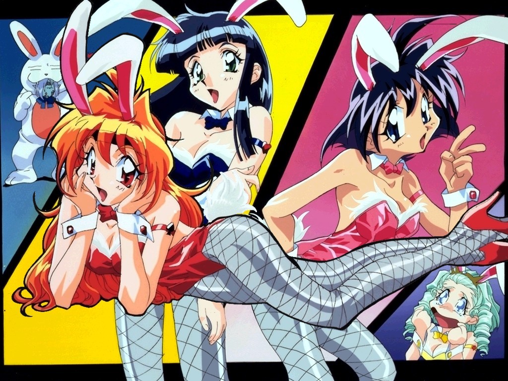 araizumi rui, amelia wil tesla seyruun, lina inverse, martina zoana mel navratilova, sylphiel nels lahda, zelgadiss graywords, slayers, slayers next, non-web source, 1990s (style), 1boy, 4girls, :d, alternate costume, animal costume, animal ears, aqua hair, armband, bare shoulders, black hair, blue eyes, blue leotard, blunt bangs, bow, bowtie, breasts, cleavage, detached collar, drill hair, extra ears, fake animal ears, fishnet pantyhose, fishnets, full body, green eyes, hair between eyes, headband, high heels, hime cut, holding own arm, leaning, leaning forward, leotard, long hair, looking at viewer, lying, multiple girls, on stomach, open mouth, orange hair, pantyhose, pink leotard, playboy bunny, rabbit ears, red eyes, red leotard, retro artstyle, shoes, short hair, smile, standing, strapless, strapless leotard, upper body, v, wrist cuffs