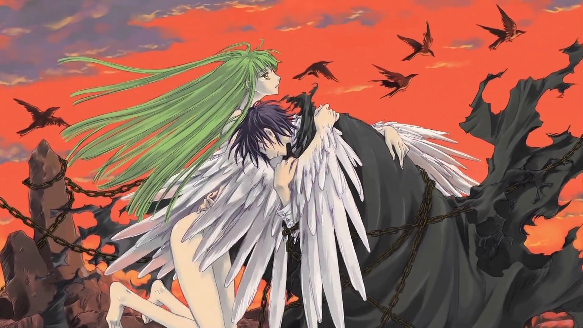 clamp, c.c., lelouch vi britannia, code geass, highres, 00s, bird, from side, long hair, outdoors, torn clothes, very long hair, winged arms, wings