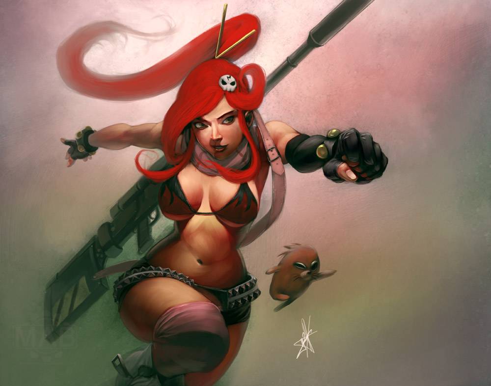 kuroitora, boota, yoko littner, tengen toppa gurren lagann, bikini, bikini top only, breasts, cleavage, covered erect nipples, curvy, fingerless gloves, gloves, gun, large breasts, realistic, red hair, swimsuit, weapon, wide hips