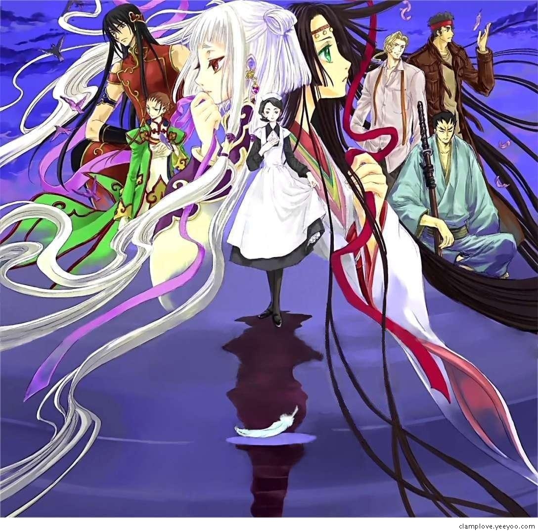 clamp, diethard ried, li xingke, ohgi kaname, shinozaki sayoko, sumeragi kaguya, tianzi, toudou kyoushirou, zhou xianglin, code geass, 00s, 4boys, 4girls, feathers, multiple boys, multiple girls, sword, weapon