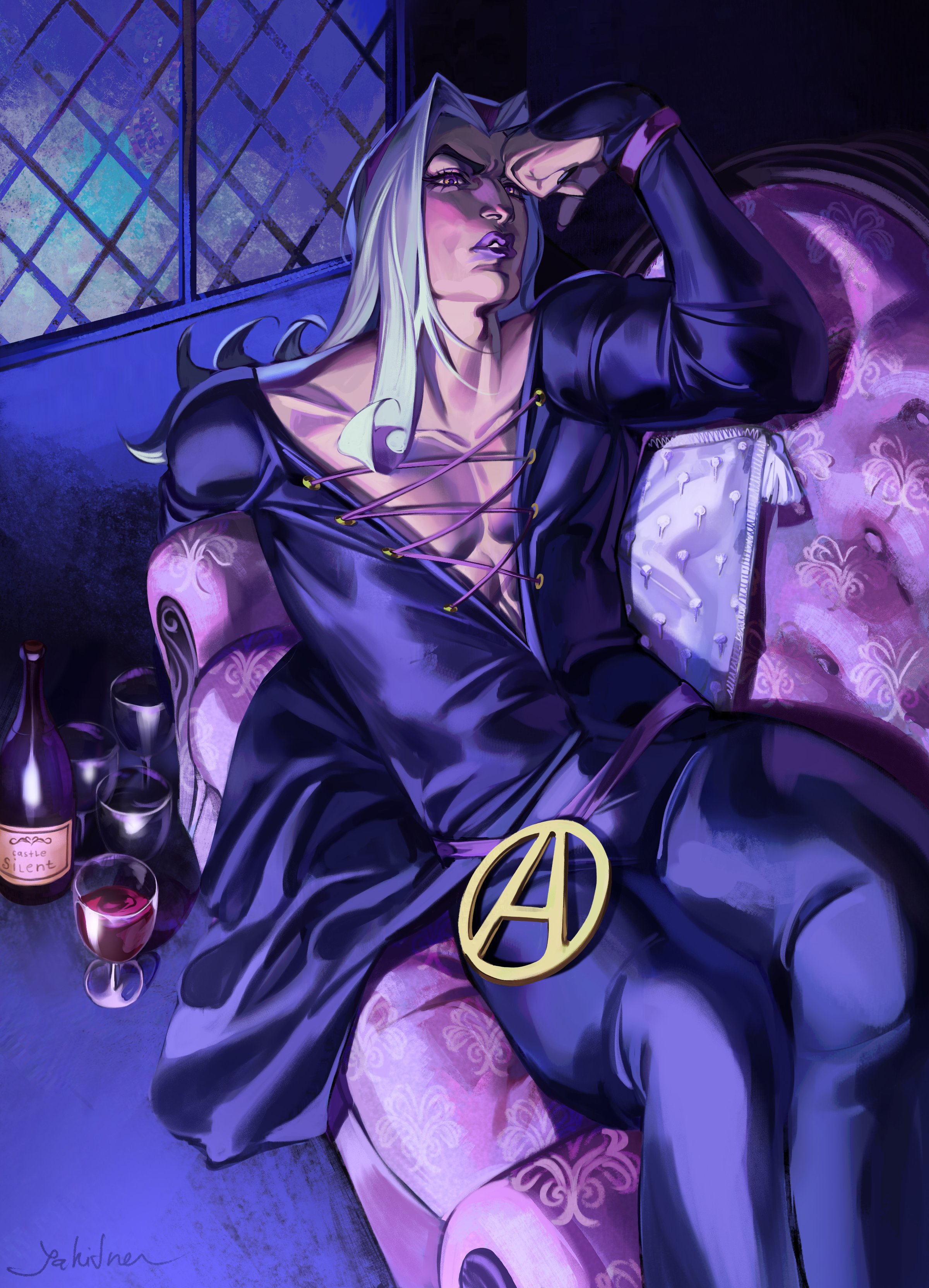 yahidna, leone abbacchio, jojo no kimyou na bouken, vento aureo, absurdres, commentary, english commentary, highres, 1boy, alcohol, bottle, coat, collarbone, cup, drinking glass, flexing, grey hair, jacket, long coat, long hair, long sleeves, looking at viewer, makeup, male focus, multicolored jacket, pants, parted lips, pectoral cleavage, pectorals, plunging neckline, purple coat, purple eyes, purple lips, purple pants, solo, toned, toned male, two-tone jacket, upper body, white hair, wine, wine bottle, wine glass, yellow eyes