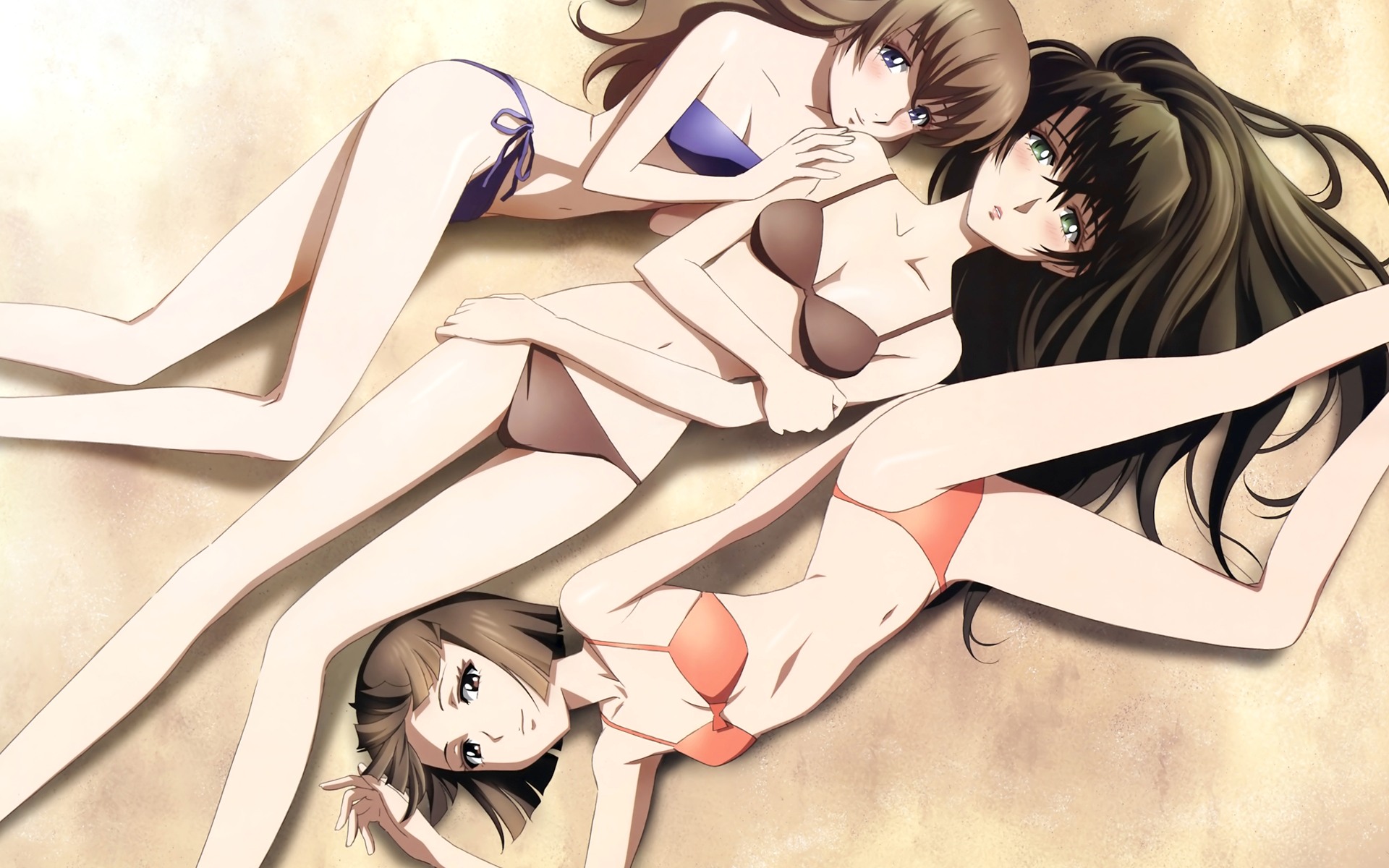 shimoguchi tomohiro, endou shizuna, kizaki emi, kujou miu, kurogane no linebarrel, highres, non-web source, 00s, 3girls, bikini, black hair, blue eyes, bob cut, brown eyes, brown hair, green eyes, long hair, lying, multiple girls, sand, short hair, side-tie bikini bottom, swimsuit, wavy hair