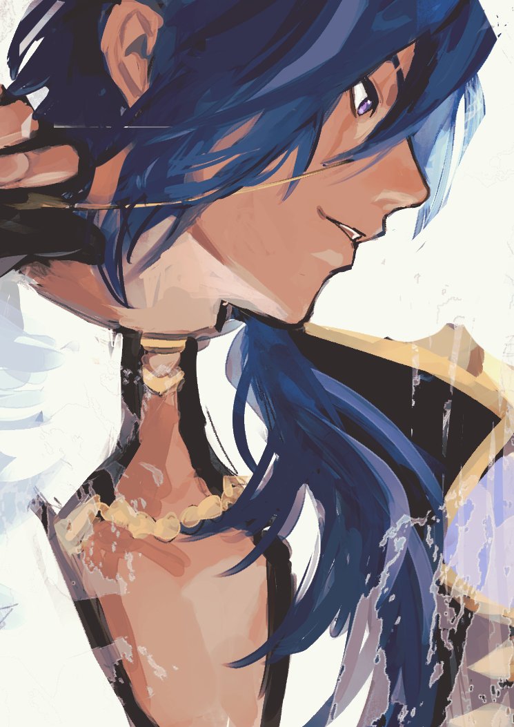 riki0928, kaeya (genshin impact), genshin impact, 1boy, blue hair, cleavage cutout, close-up, clothing cutout, dark-skinned male, dark skin, eyepatch, from side, hair over shoulder, holding eyepatch, jacket, looking ahead, male focus, parted lips, purple eyes, removing eyepatch, shirt, simple background, solo, teeth, upper body, white background, white jacket, white shirt