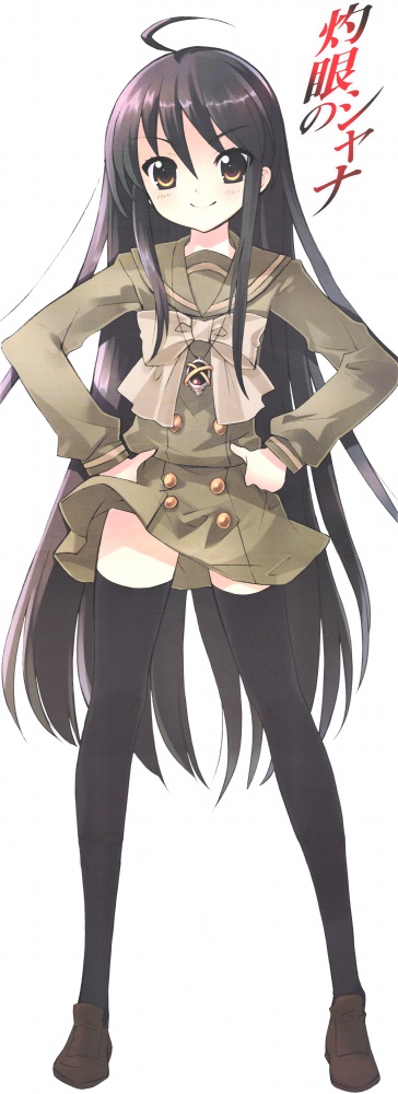 alastor (shakugan no shana), shana, shakugan no shana, 00s, 1girl, black eyes, black hair, female focus, jewelry, long hair, pendant, school uniform, serafuku, solo, thighhighs, very long hair, wind, wind lift, zettai ryouiki