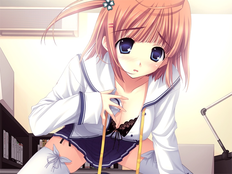 yaegashi nan, tsukishima koko, da capo, da capo ii, game cg, 00s, 1girl, bra, breasts, cleavage, female focus, large breasts, lingerie, school uniform, serafuku, solo, spread legs, thighhighs, underwear