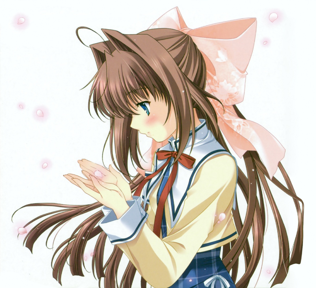 kayura yuka, asakura otome, da capo, da capo ii, 00s, 1girl, blue eyes, brown hair, female focus, petals, ribbon, school uniform, serafuku, solo