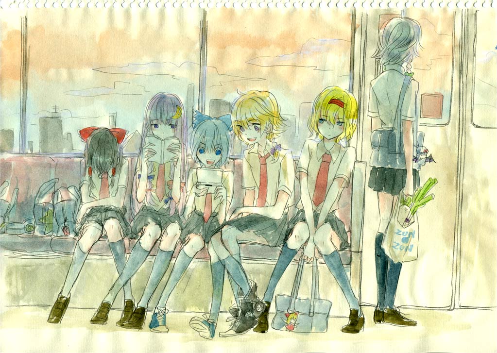 sugi, alice margatroid, cirno, hakurei reimu, izayoi sakuya, kirisame marisa, patchouli knowledge, touhou, bad id, bad pixiv id, painting (medium), traditional media, watercolor (medium), 6+girls, alternate costume, blonde hair, contemporary, female focus, handheld game console, multiple girls, nintendo ds, school uniform, serafuku, train, train interior