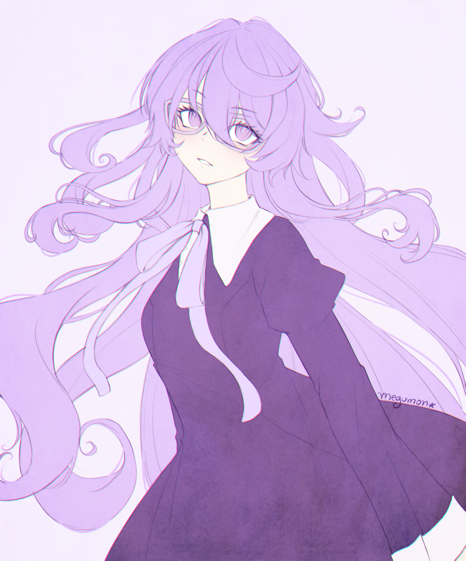 megumon, mikagura mirei, digimon, digimon story: time stranger, highres, 1girl, glasses, long hair, looking at viewer, purple eyes, purple hair
