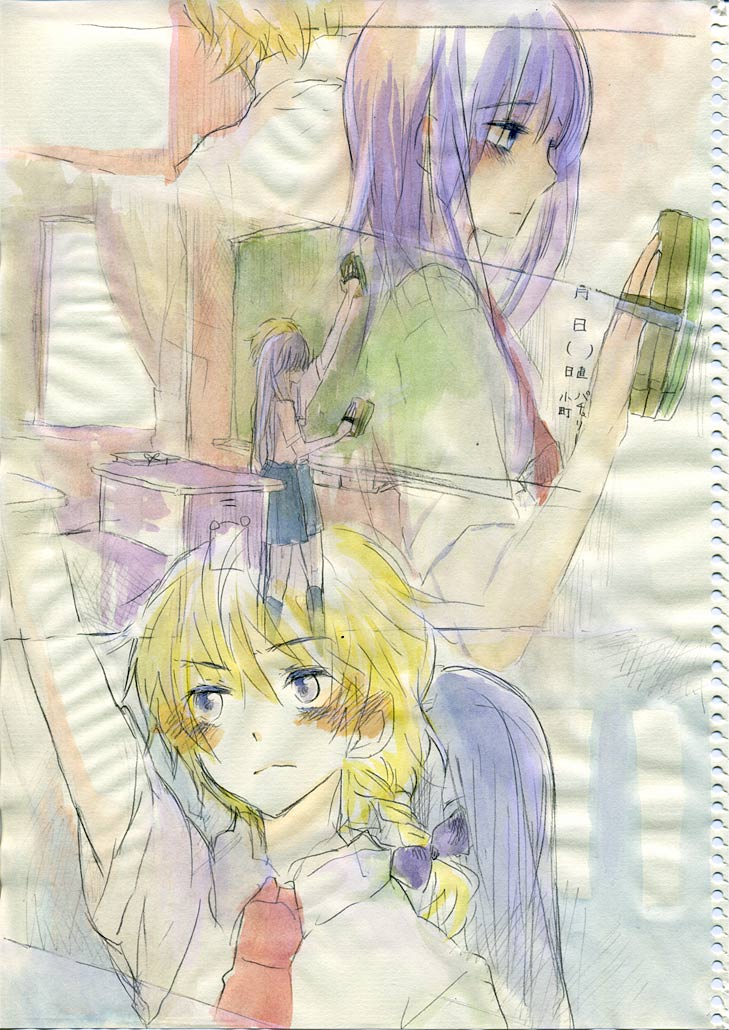 sugi, kirisame marisa, patchouli knowledge, touhou, bad id, bad pixiv id, painting (medium), traditional media, watercolor (medium), 2girls, alternate costume, blonde hair, chalkboard, contemporary, duster, female focus, long hair, multiple girls, school uniform, serafuku, short hair, sketch, wiping