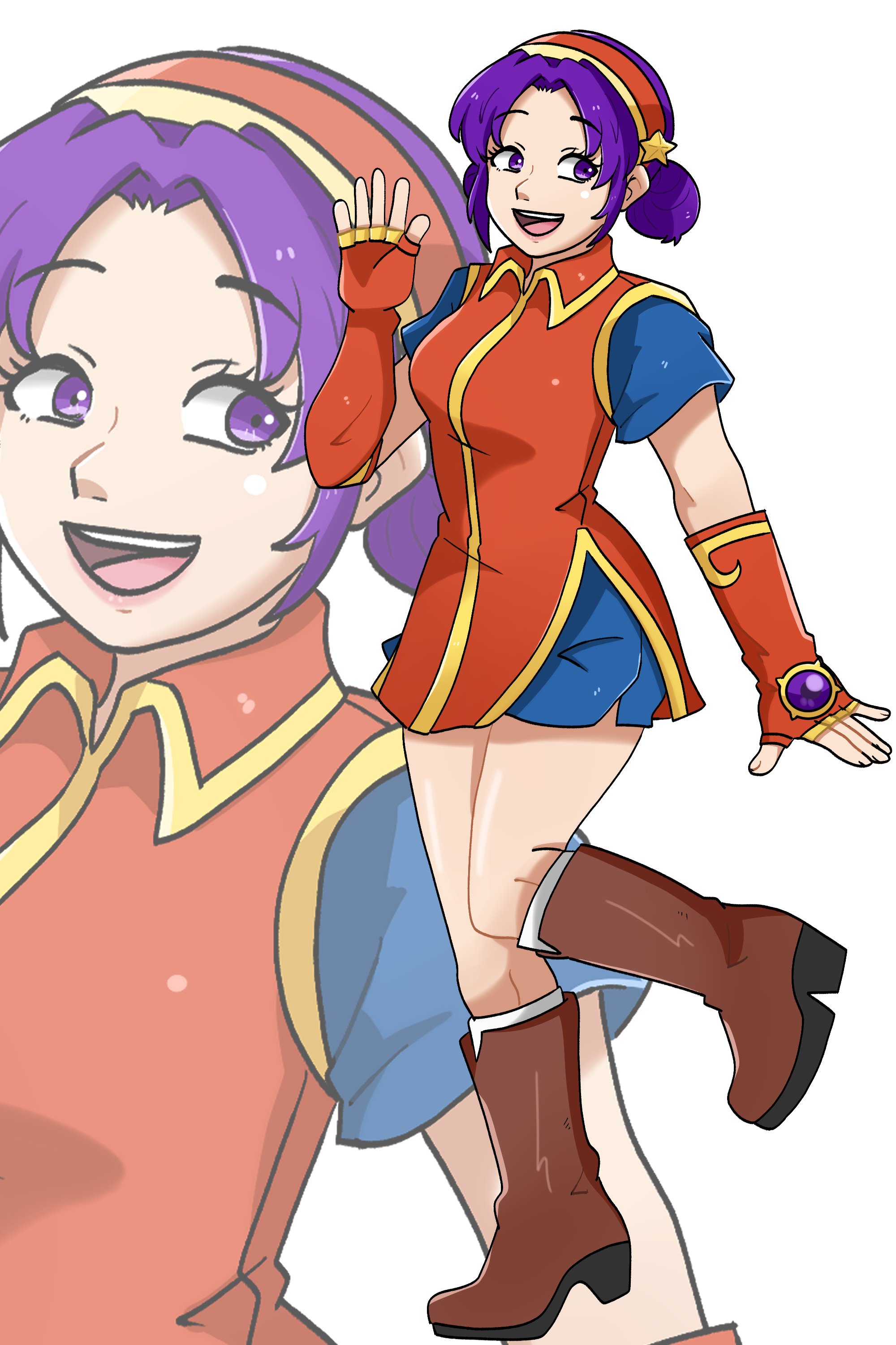 asamiya athena, the king of fighters, absurdres, highres, 1girl, boots, breasts, curvy, female focus, gloves, hair bun, hairband, hand up, heel up, high heels, jani me108, large breasts, leg up, long hair, open mouth, pale skin, purple eyes, purple hair, shorts, smile, smiley face, standing, standing on one leg, star (symbol), thick thighs, thighs, wide hips