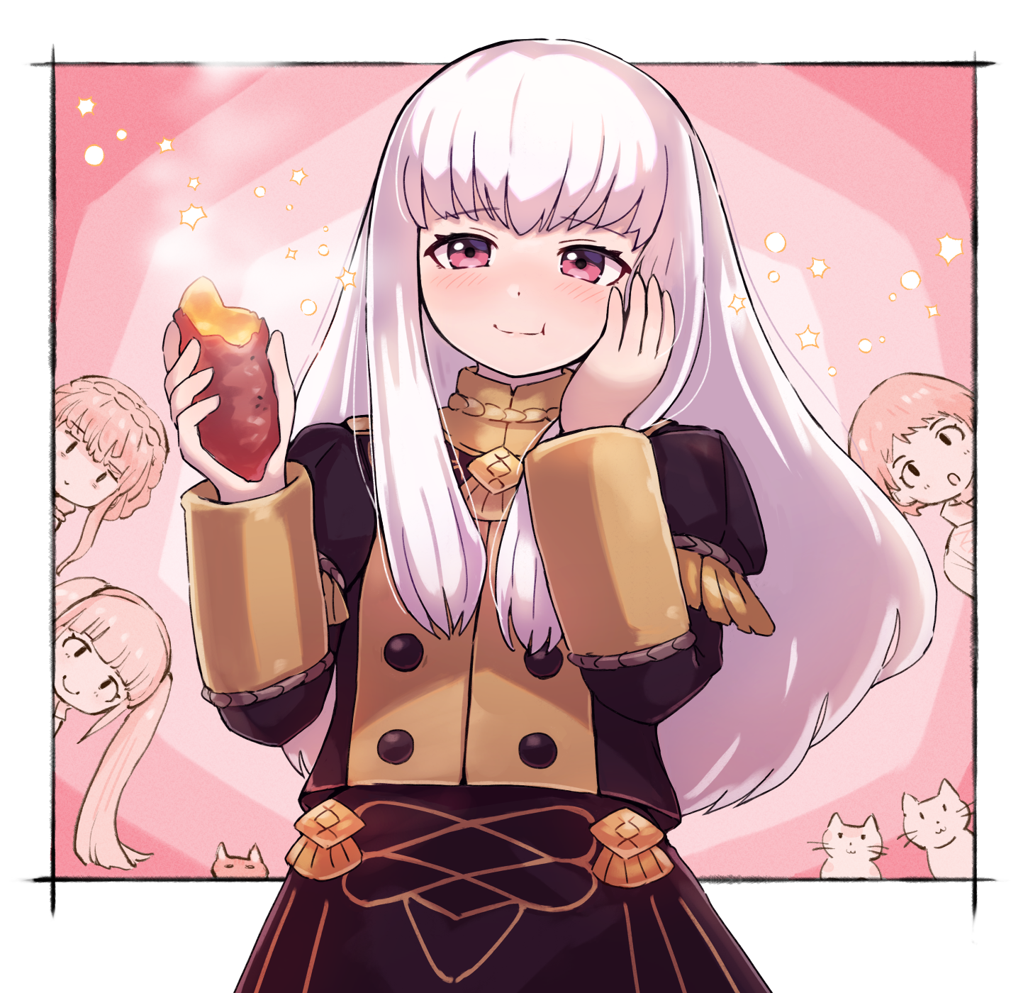 kutabireta neko, hilda valentine goneril, leonie pinelli, lysithea von ordelia, marianne von edmund, fire emblem, nintendo, commentary request, highres, 4girls, :t, black skirt, cat, eating, food, garreg mach monastery uniform, hand on own cheek, hand on own face, holding, holding food, long hair, long sleeves, looking at viewer, multiple girls, pink background, pink eyes, roasted sweet potato, short hair, simple background, skirt, smile, solo focus, sweet potato, twintails, white hair