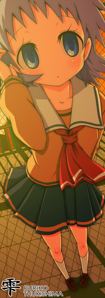 shirono, tsukishima ruriko, shizuku (game), white legwear, 1girl, arm behind back, ascot, blue eyes, brown shoes, character name, female focus, purple hair, school uniform, serafuku, shoes, short hair, skirt, solo, standing, tucking hair