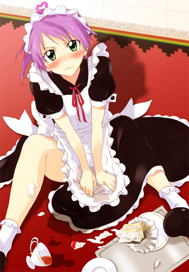 hatoba, original, messy, 1girl, apron, black dress, blush, cake, cherry, cream, cup, dress, female focus, food, frilled socks, frills, fruit, green eyes, maid, maid apron, maid headdress, on floor, plate, puffy short sleeves, puffy sleeves, purple hair, red carpet, short sleeves, sitting, socks, solo, spill, spoon, stain, teacup, tearing up, tile floor, tiles, tray