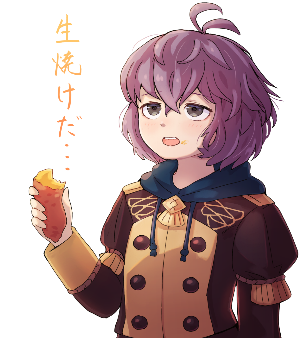 kutabireta neko, bernadetta von varley, fire emblem, nintendo, commentary request, highres, translation request, 1girl, @ @, antenna hair, food, food on face, garreg mach monastery uniform, grey eyes, hair between eyes, holding, holding food, hood, hood down, long sleeves, open mouth, purple hair, simple background, solo, sweet potato, upper body, white background