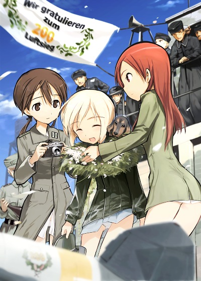 shimada fumikane, erica hartmann, gertrud barkhorn, minna-dietlinde wilcke, strike witches, world witches series, translated, 00s, 3girls, blonde hair, brown eyes, brown hair, camera, closed eyes, day, dog, flower, german text, hat, long hair, military, military uniform, multiple girls, panties, ranguage, red eyes, red hair, short hair, sky, smile, twintails, underwear