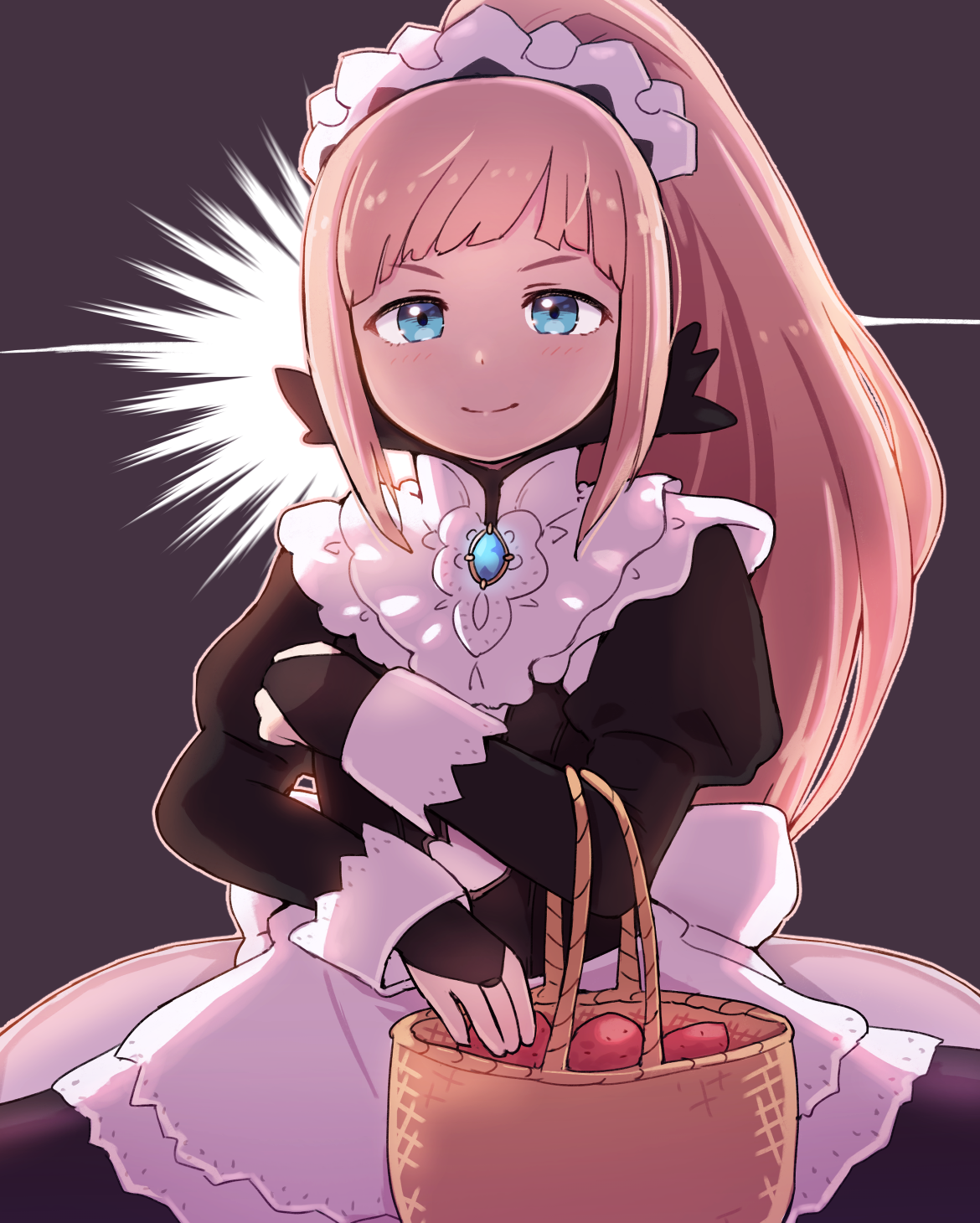 kutabireta neko, felicia (fire emblem), fire emblem, nintendo, commentary request, highres, 1girl, apron, basket, black background, blue eyes, blue gemstone, crossed arms, food, gem, holding, holding basket, juliet sleeves, long hair, long sleeves, looking at viewer, maid, maid apron, maid headdress, nohrian maid uniform, pink hair, ponytail, puffy sleeves, simple background, smile, solo, sweet potato
