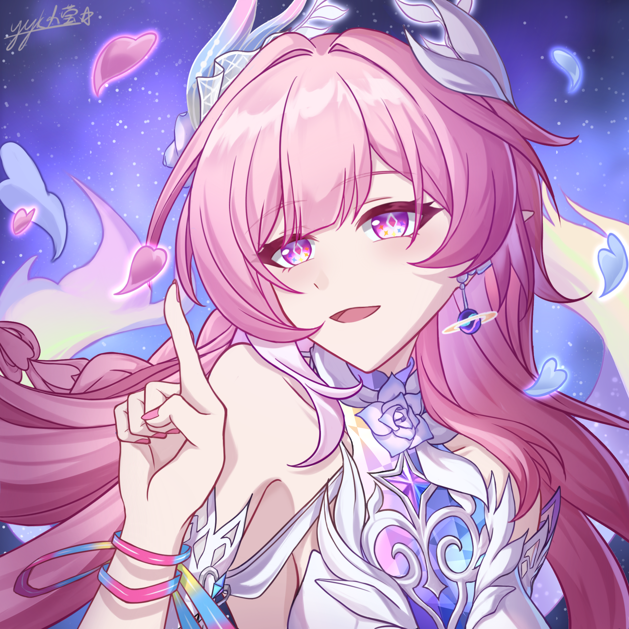 yyk9489, cyrene (honkai: star rail), cyrene (ripples of past reverie) (honkai: star rail), honkai: star rail, honkai (series), commentary, highres, 1girl, bare shoulders, blue petals, diamond-shaped pupils, diamond (shape), earrings, falling petals, fingernails, jewelry, long hair, looking at viewer, nail polish, open mouth, petals, pink eyes, pink hair, pink nails, pink petals, pointy ears, sidelocks, signature, smile, solo, symbol-shaped pupils, upper body