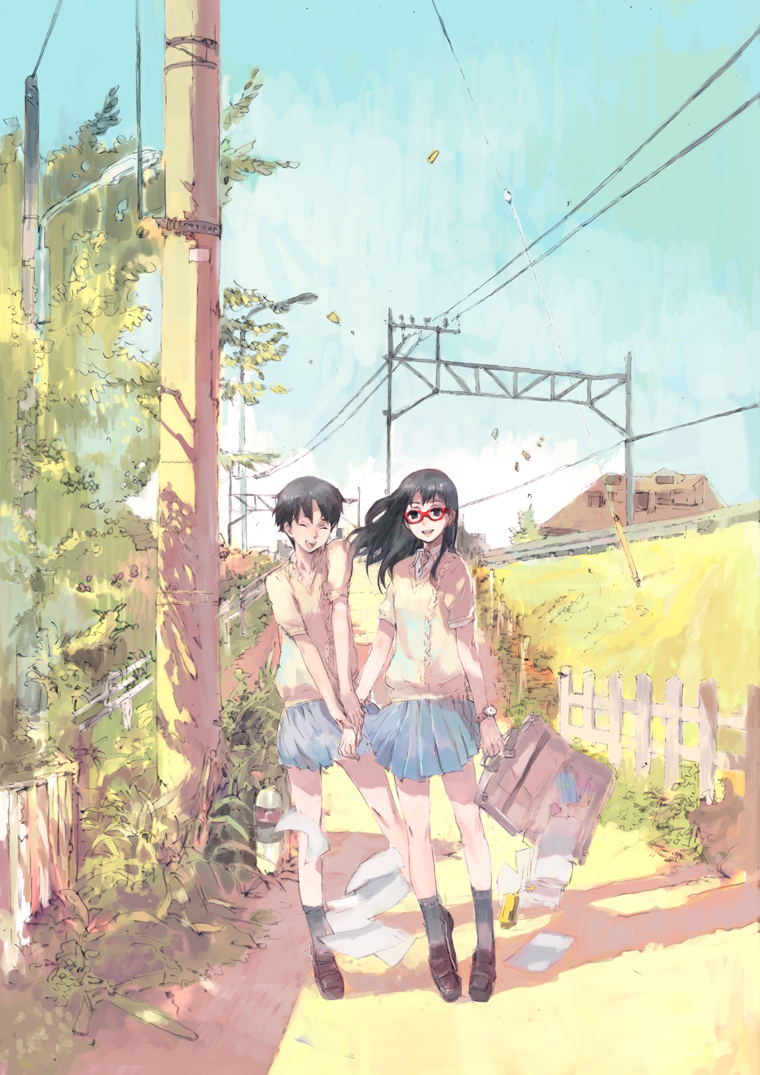 humi, toi8, original, 2girls, ^ ^, black hair, closed eyes, fence, flying paper, glasses, holding hands, lamppost, long hair, multiple girls, open mouth, paper, path, power lines, railroad tracks, red-framed eyewear, road, school uniform, serafuku, shade, shadow, short hair, sunlight, tree, watch, wristwatch