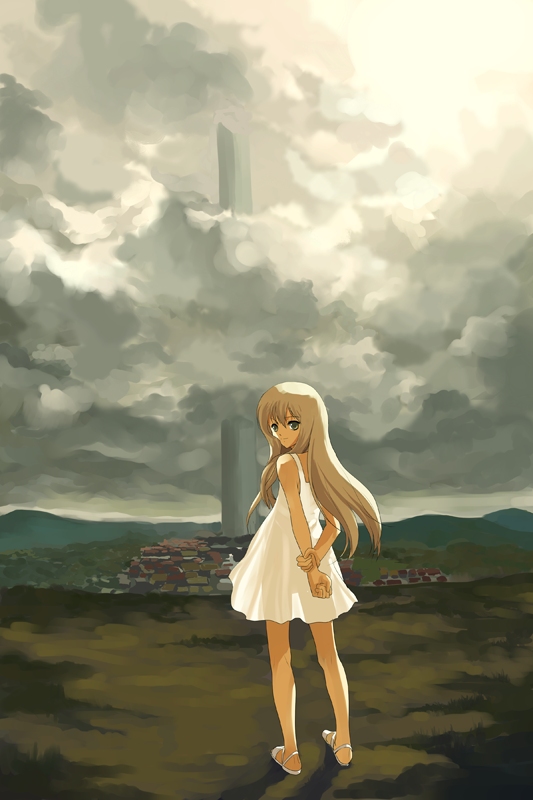 natori (natorism), original, 1girl, arms behind back, bare shoulders, blonde hair, cloud, dress, female focus, from behind, green eyes, long hair, looking back, sandals, scenery, see-through clothes, see-through silhouette, skirt, sky, smile, solo, space elevator, sundress, sunlight, town, village, white dress, white skirt