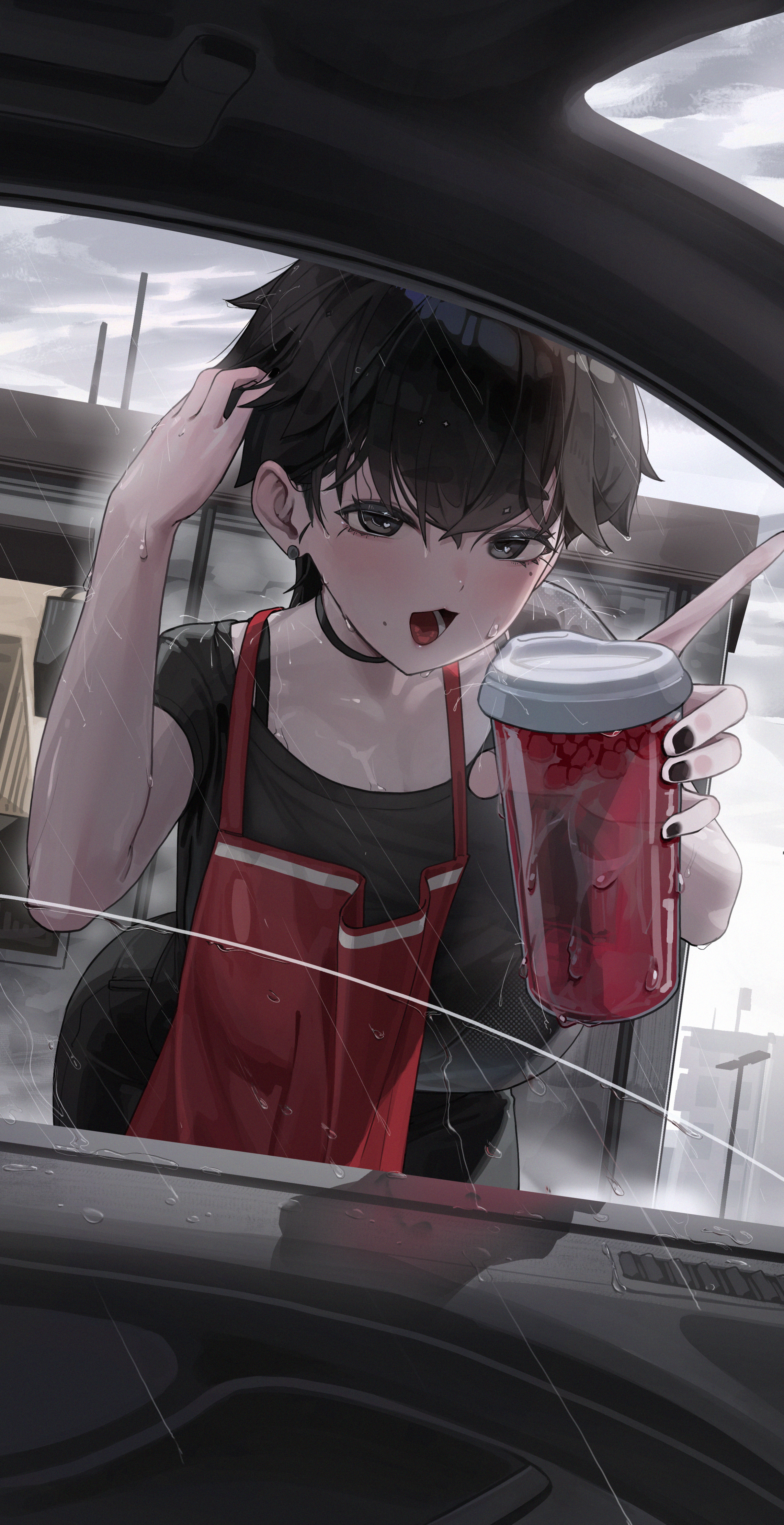tagua, original, absurdres, highres, 1girl, apron, bent over, black eyes, black hair, black nails, black pants, black shirt, blush, bra visible through clothes, breasts, car interior, cloud, cloudy sky, crossed bangs, drink, earrings, hair between eyes, hand in own hair, holding, holding drink, jewelry, large breasts, looking at viewer, mole, mole on cheek, open mouth, pants, rain, red apron, shirt, short hair, short sleeves, sky, solo, stud earrings, t-shirt, very short hair, wet
