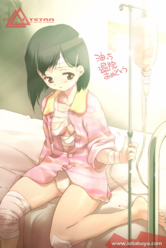 io takuya, bandages, barefoot, open clothes, open shirt, panties, shirt, solo, underwear