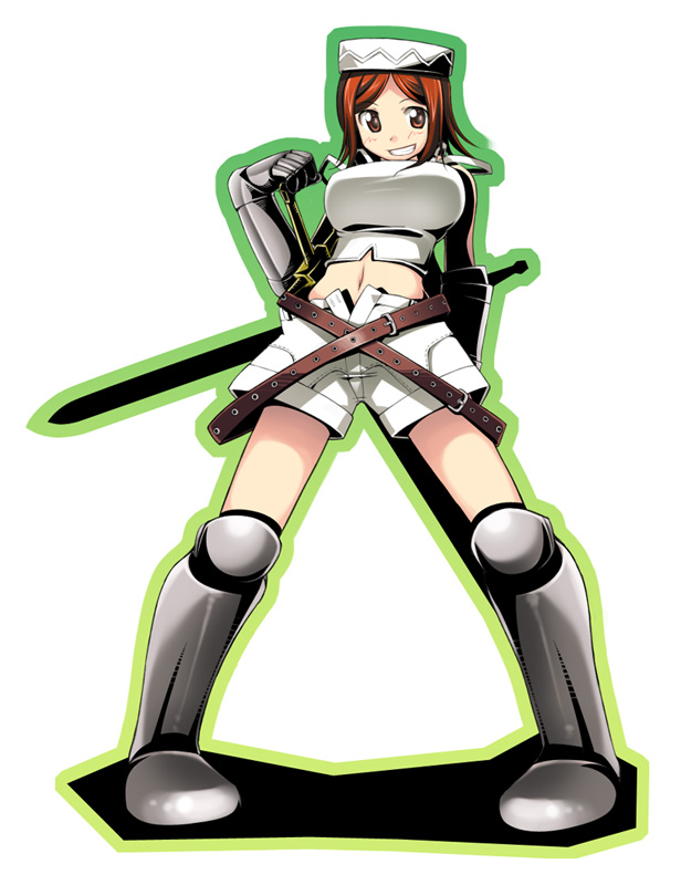 ikujitto, player character (mabinogi), mabinogi, 1girl, armor, belt, blush, boots, breasts, camisole, crop top, female focus, full body, gauntlets, grin, hat, large breasts, midriff, navel, open fly, orange eyes, red hair, short hair, shorts, smile, solo, strap slip, sword, unzipped, weapon