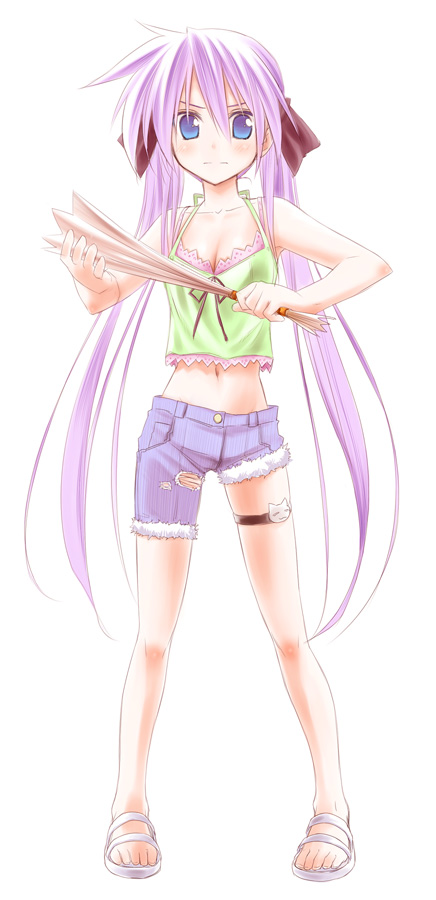 himura kiseki, hiiragi kagami, lucky star, 00s, 1girl, blue eyes, camisole, female focus, hand fan, harisen, long hair, midriff, navel, purple hair, sandals, solo, thigh strap, twintails, very long hair