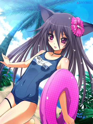 won (az hybrid), original, 1girl, animal ears, beach, cat ears, female focus, hair ornament, innertube, long hair, name tag, one-piece swimsuit, purple eyes, school swimsuit, slit pupils, solo, swim ring, swimsuit